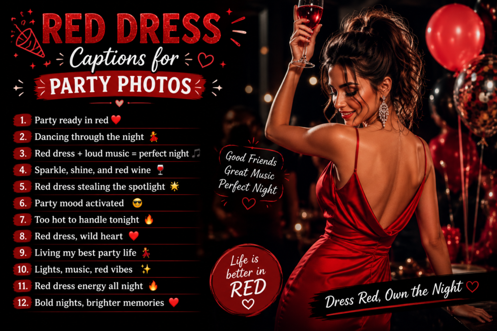 🎉 Red Dress Captions for Party Photos