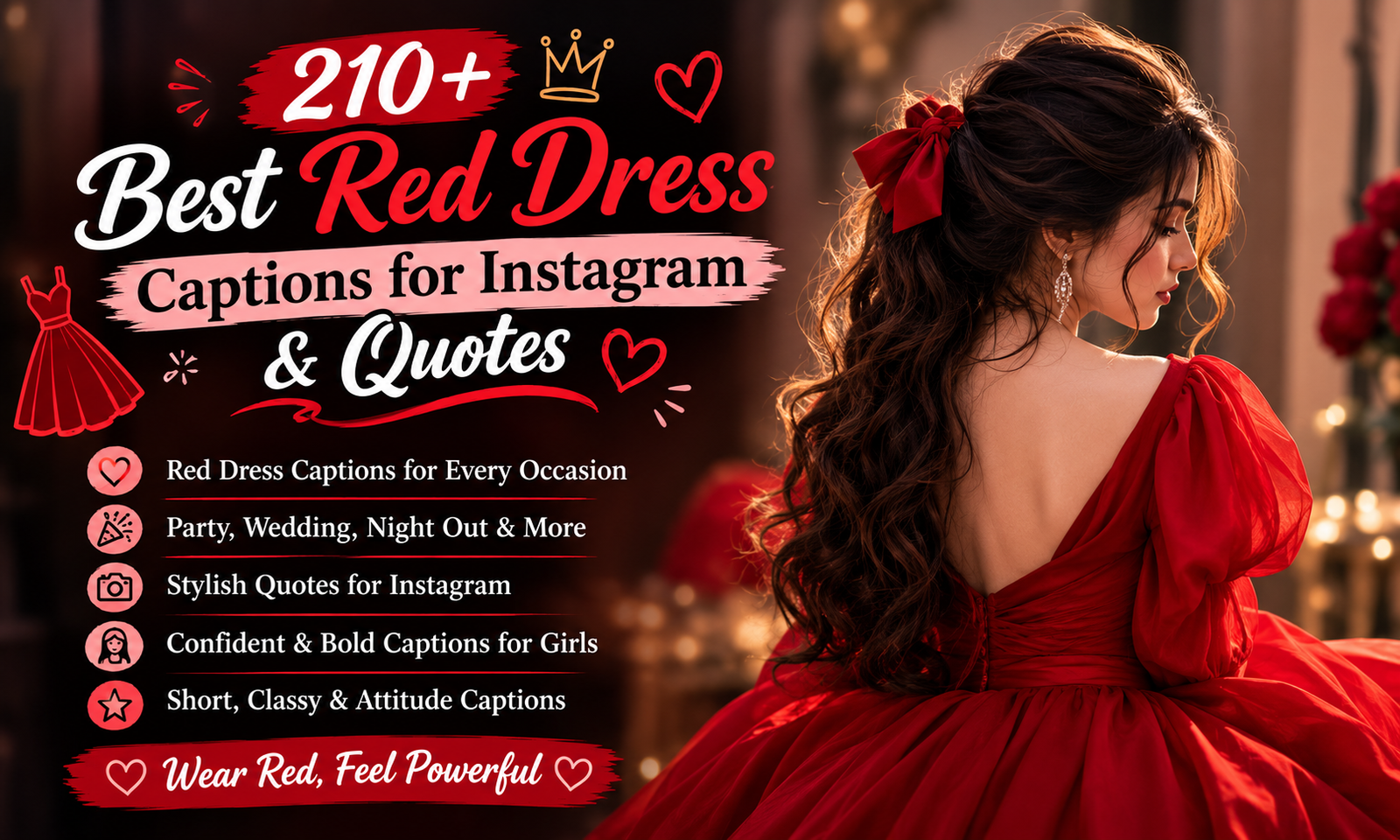 210 + Red Dress Captions for Instagram collection with 210+ bold, classy, short, and stylish captions & quotes. Perfect for selfies, parties, weddings, and reels to express confidence, elegance, and attitude ❤️🔥