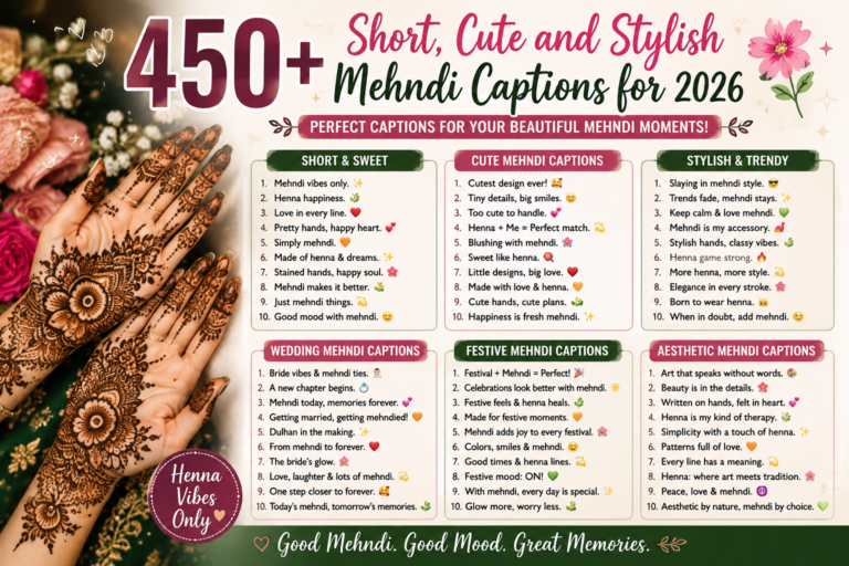 450+ Short, Cute and Stylish Mehndi Captions for 2026 🌸