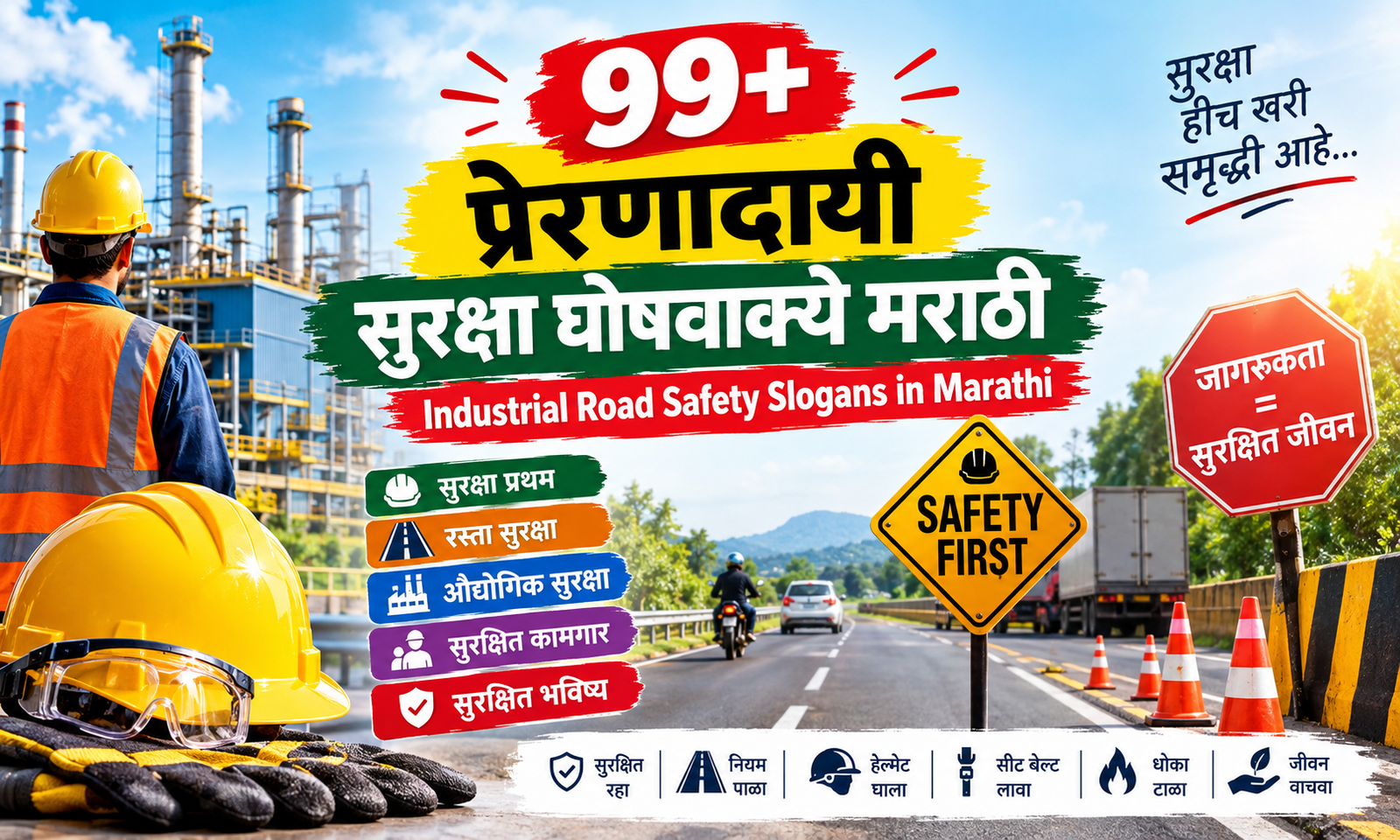🦺 99+ प्रेरणादायी सुरक्षा घोषवाक्ये मराठी | Industrial Road Safety Slogans in Marathi 🚧